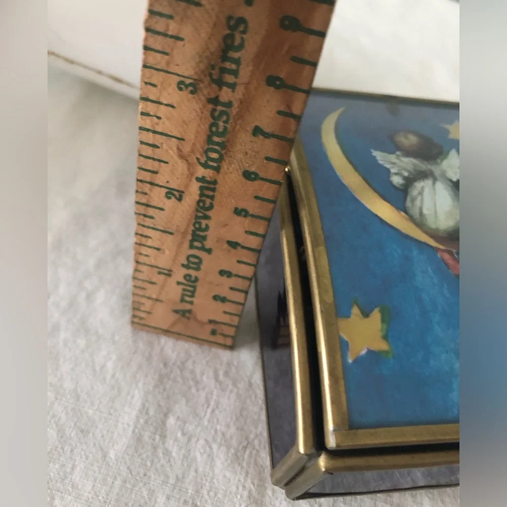 Vtg Enesco angel on moon Musical Wind Jewerly Trinket Brass Mirror Glass Box